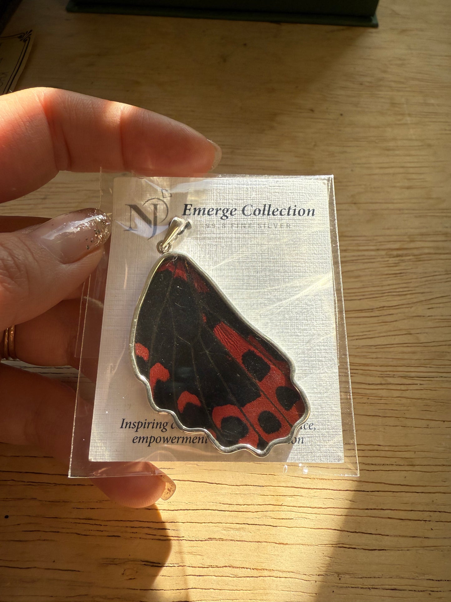 Damaged Red Scarlet Butterfly Wing Pendant in 99.5 Fine Silver
