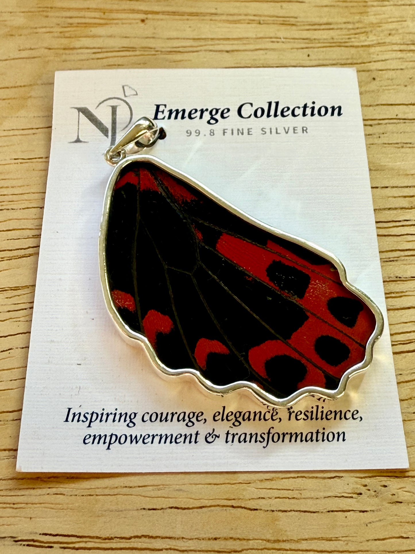 Damaged Red Scarlet Butterfly Wing Pendant in 99.5 Fine Silver
