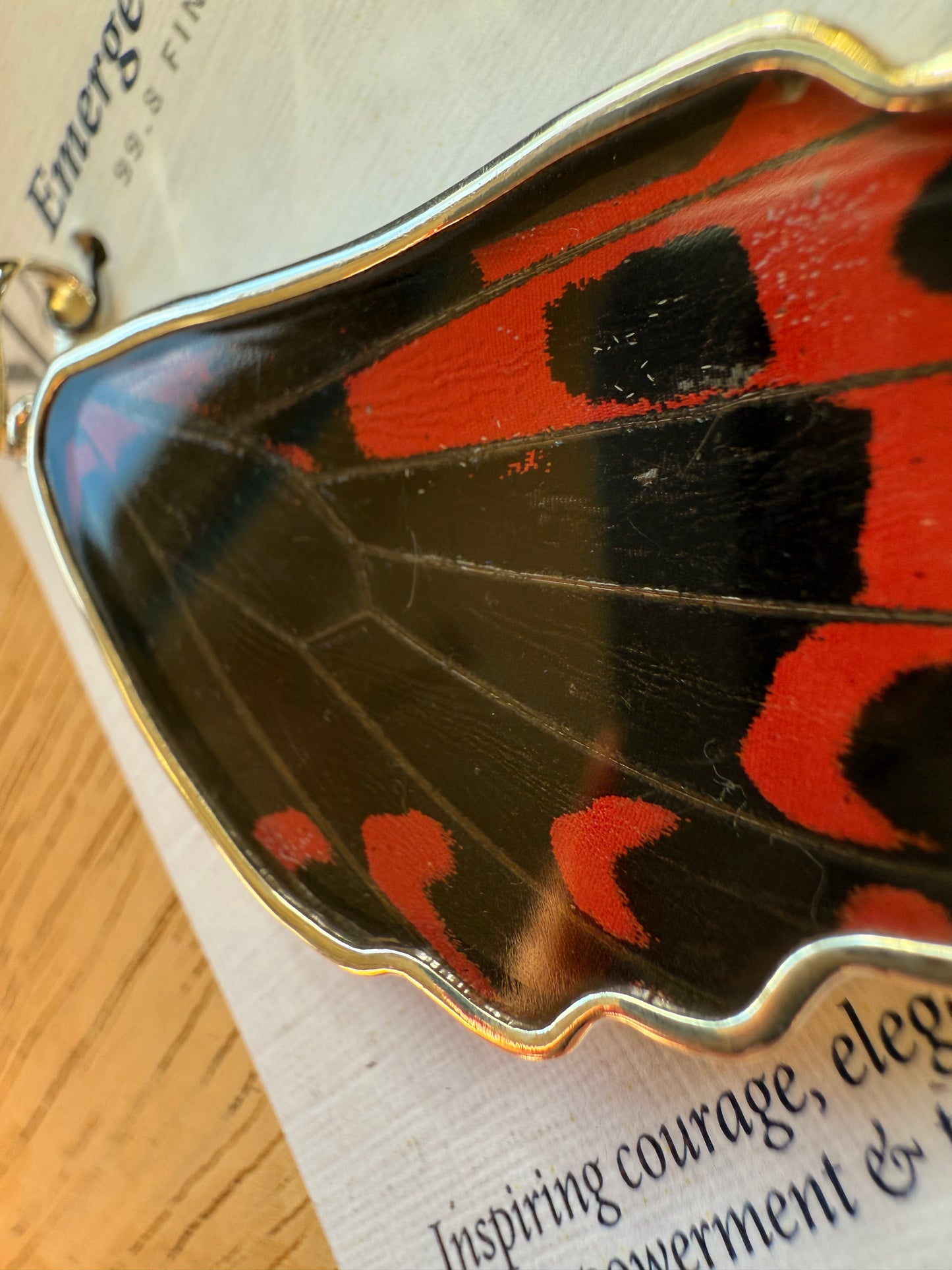 Damaged Red Scarlet Butterfly Wing Pendant in 99.5 Fine Silver