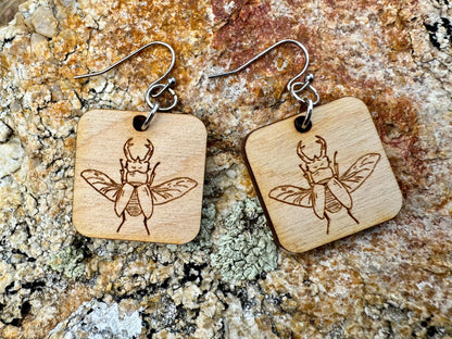 Stag Beetle Earrings Wooden Laser Engraved ORIGINAL Artwork