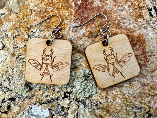Stag Beetle Earrings Wooden Laser Engraved ORIGINAL Artwork