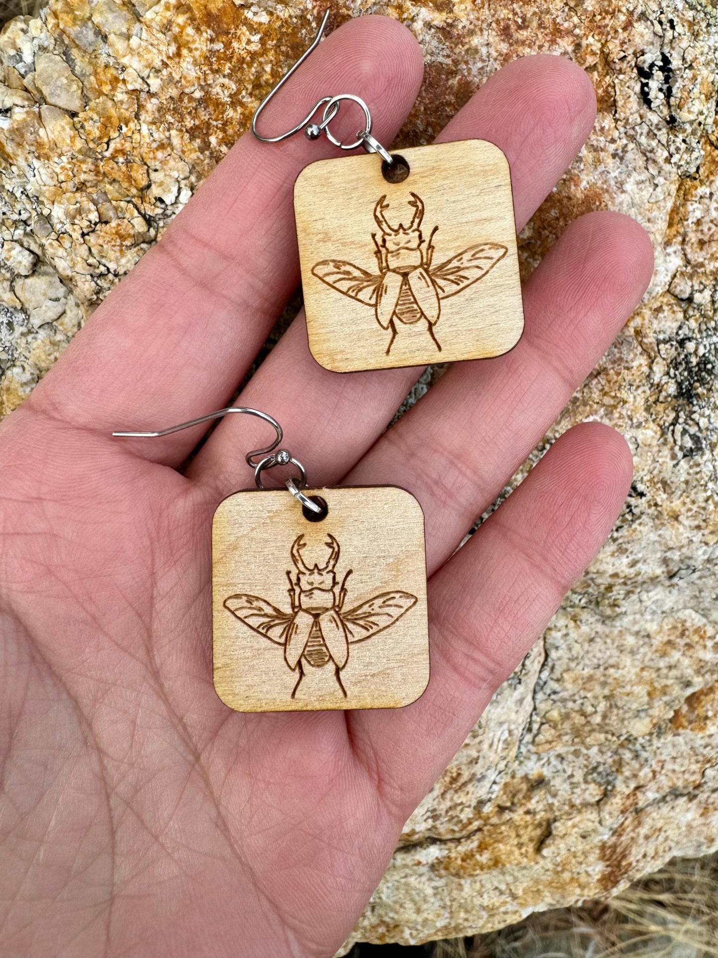 Stag Beetle Earrings Wooden Laser Engraved ORIGINAL Artwork