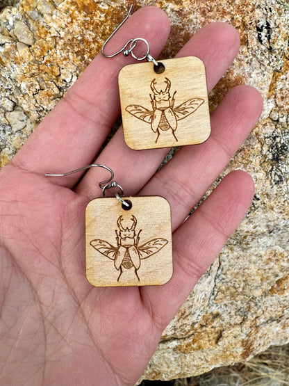 Stag Beetle Earrings Wooden Laser Engraved ORIGINAL Artwork