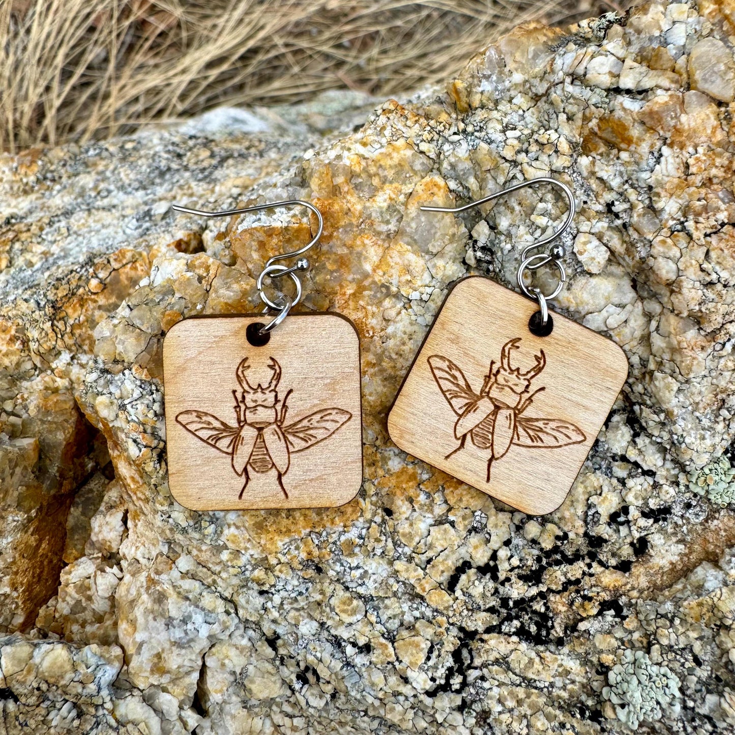 Stag Beetle Earrings Wooden Laser Engraved ORIGINAL Artwork