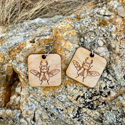 Stag Beetle Earrings Wooden Laser Engraved ORIGINAL Artwork