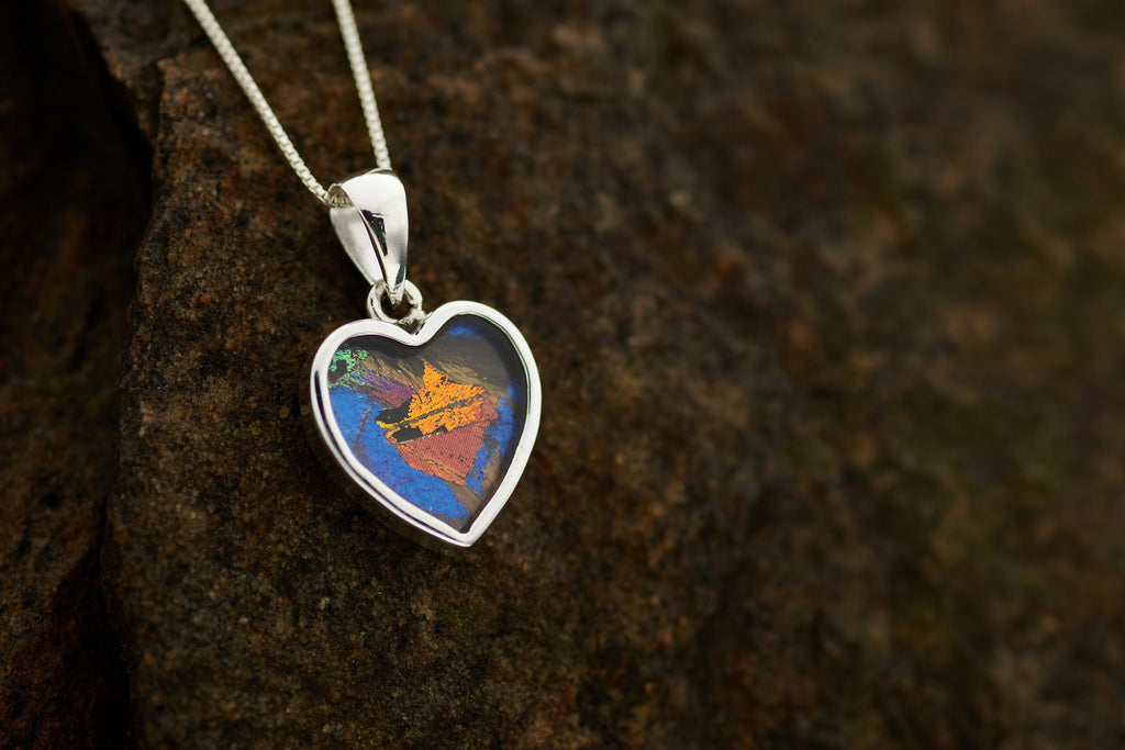 Heart Butterfly Wing Pendant in 99.5 Fine Silver with 18"-20" Sterling Silver Chain Mixed Species