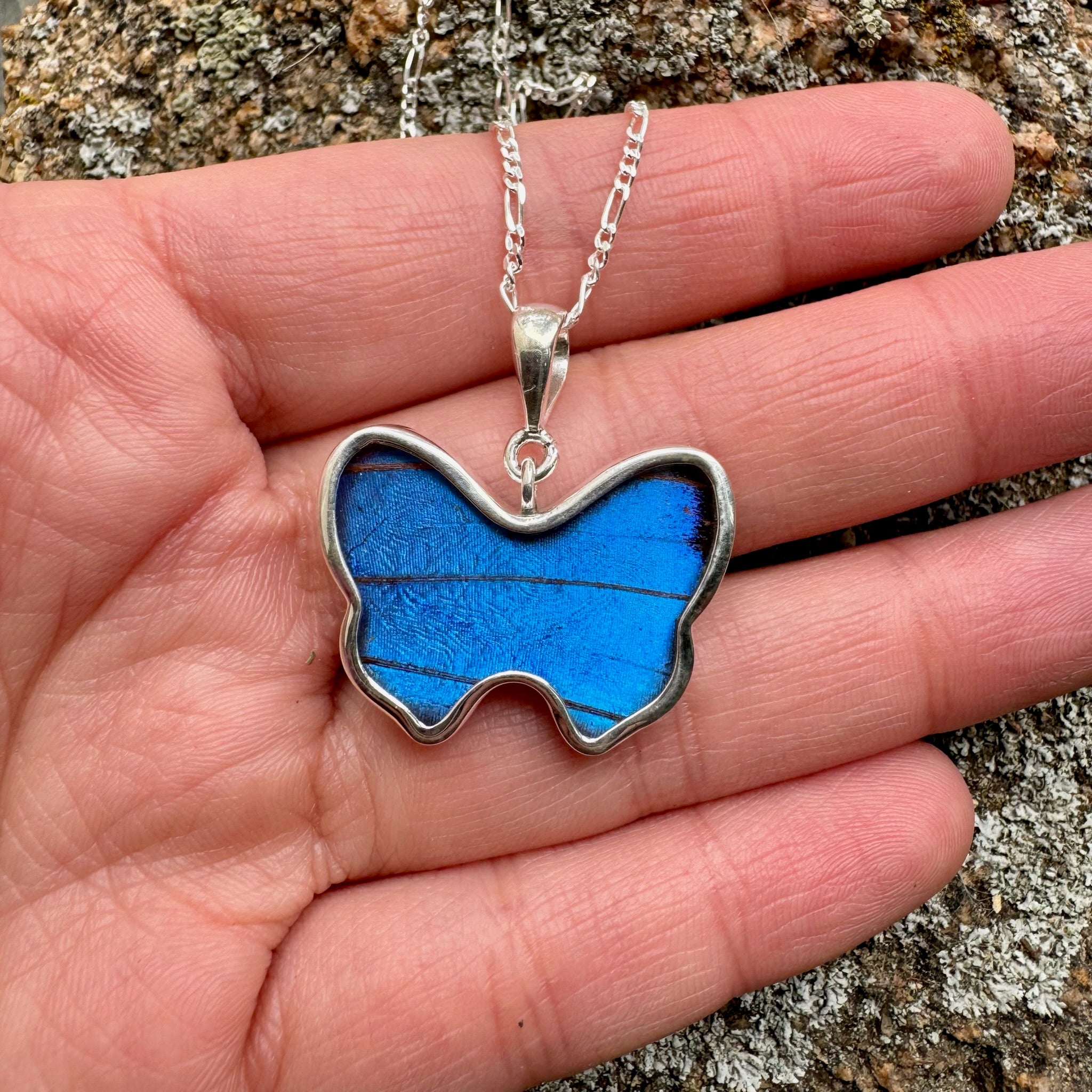 REAL Blue Morpho Butterfly Wing Pendant in 99.5 Fine Silver with 18"-20" Sterling Silver Chain