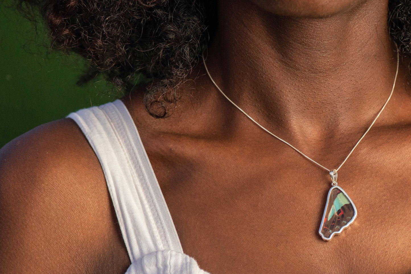 REAL Bluebottle Butterfly Wing Pendant in 99.5 Fine Silver with 18"-20" Sterling Silver Chain