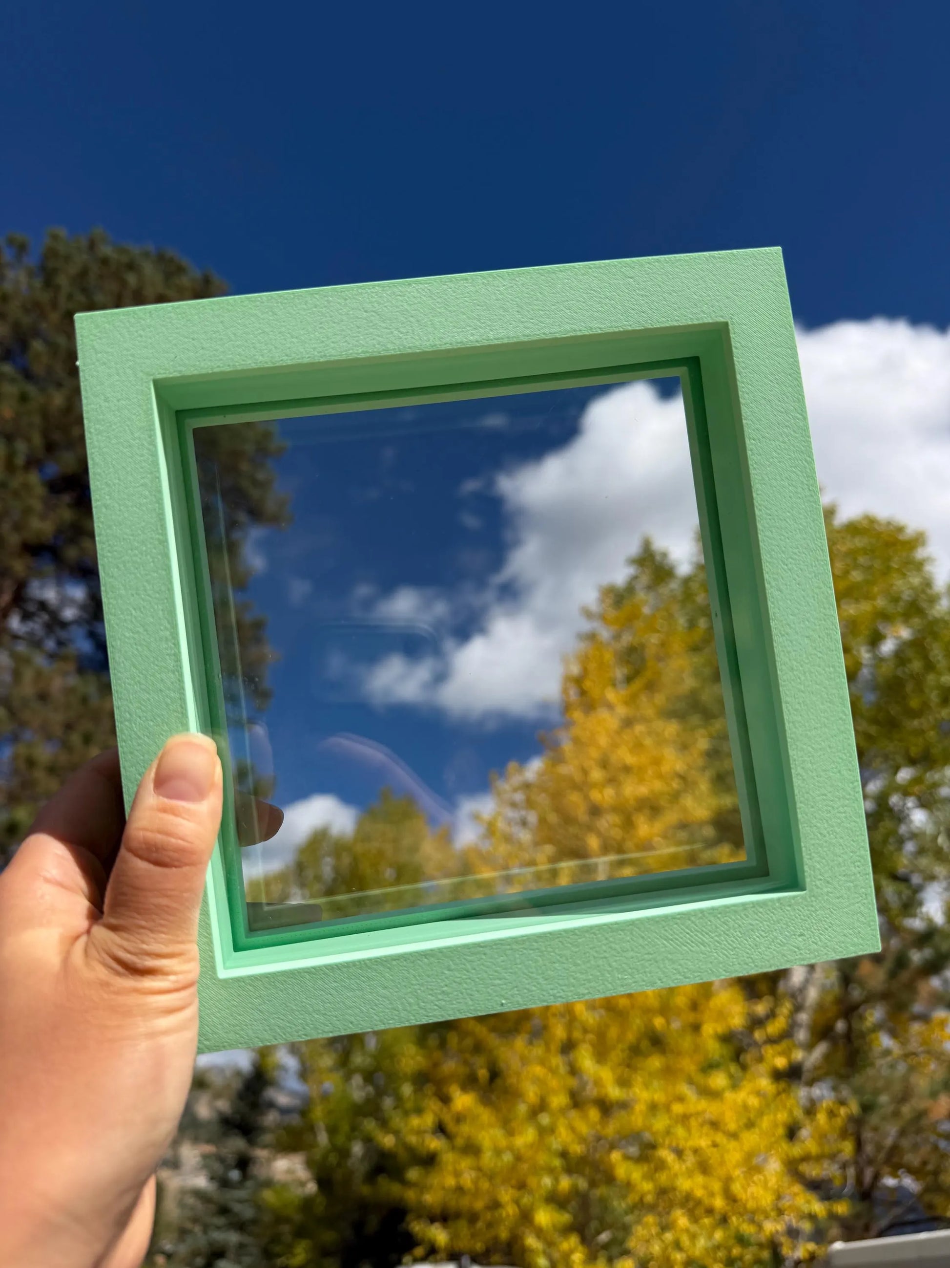 Green picture frame held up to a window with a view of trees and blue sky.