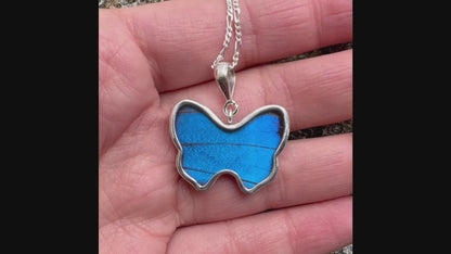 REAL Blue Morpho Butterfly Wing Pendant in 99.5 Fine Silver with 18"-20" Sterling Silver Chain